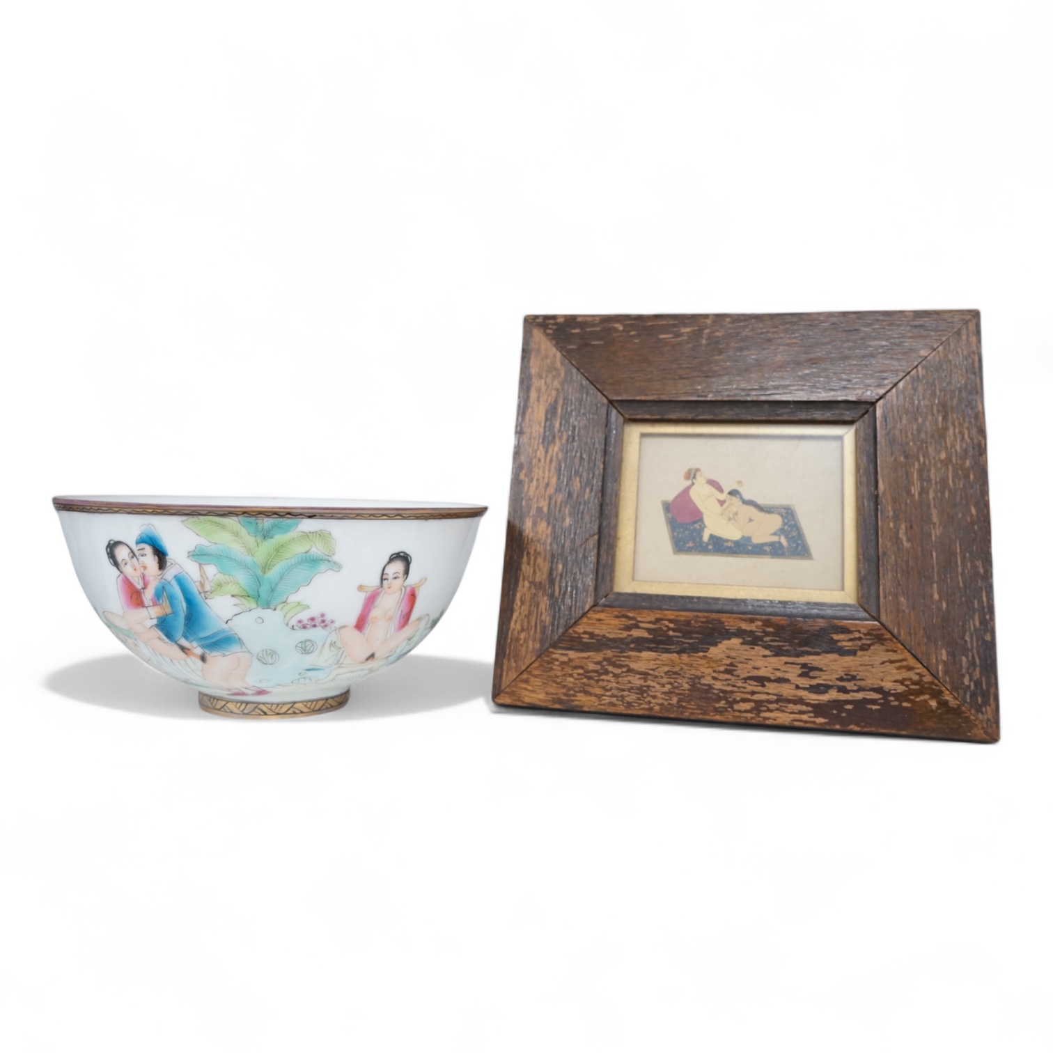 A 20th century Chinese porcelain erotic bowl, and a framed erotic watercolour, bowl 18.5cm diameter